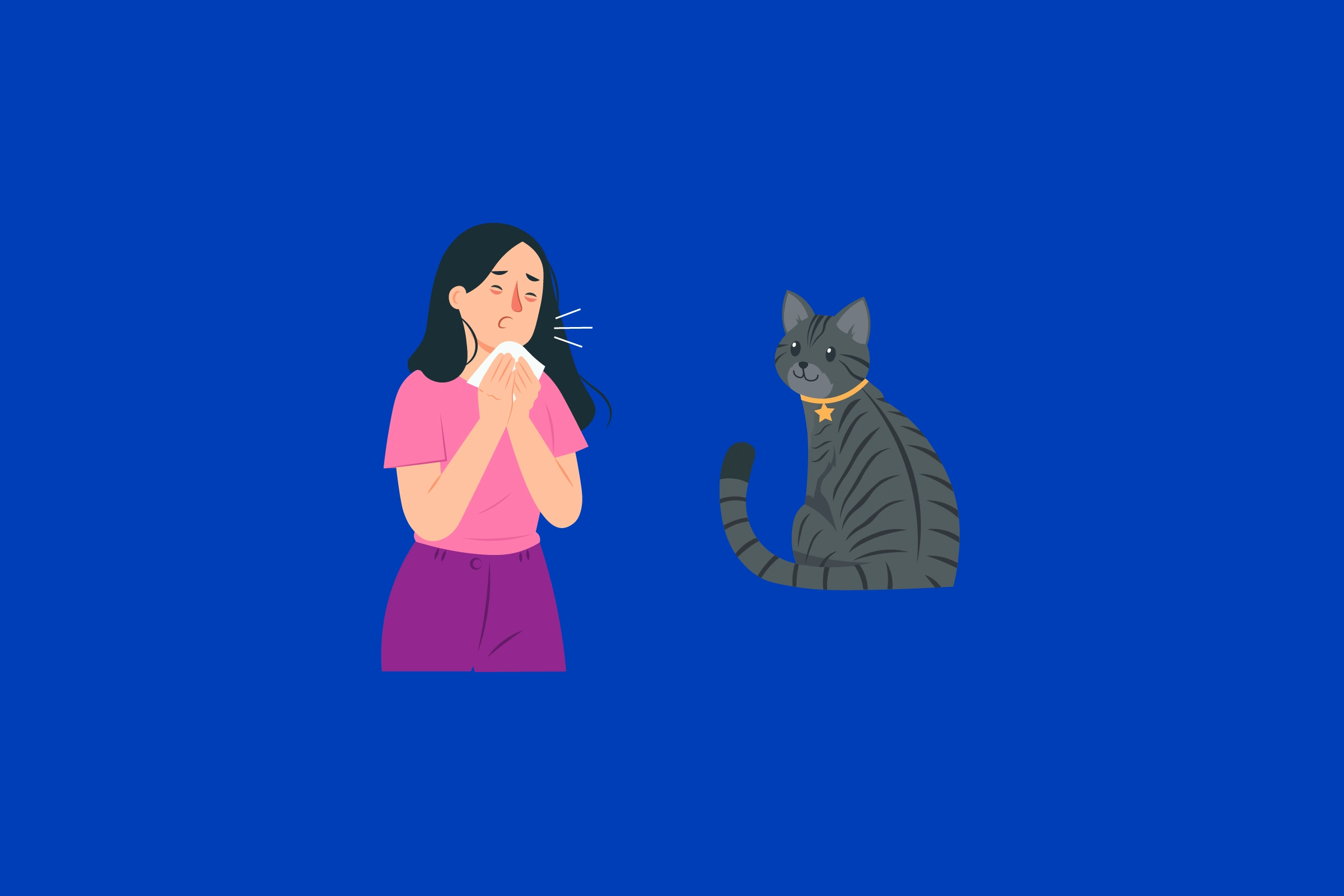 девушка чихает и кот